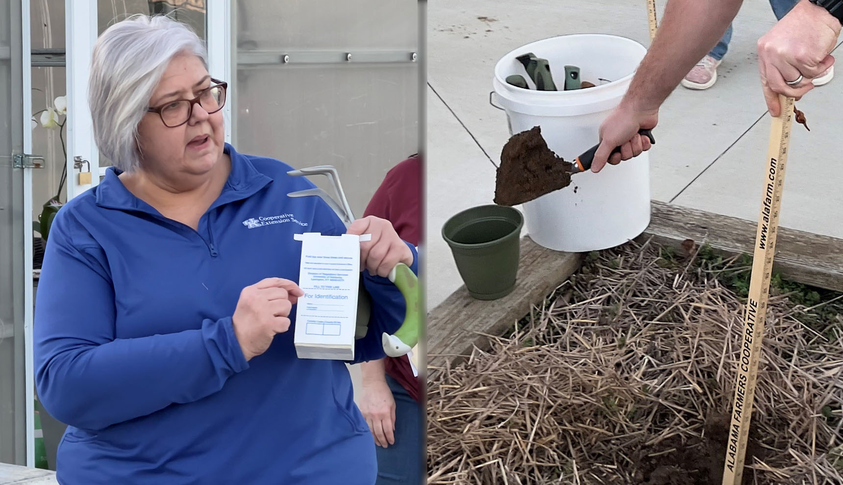 Split screen graphic of photos showing how to prepare a soil sample