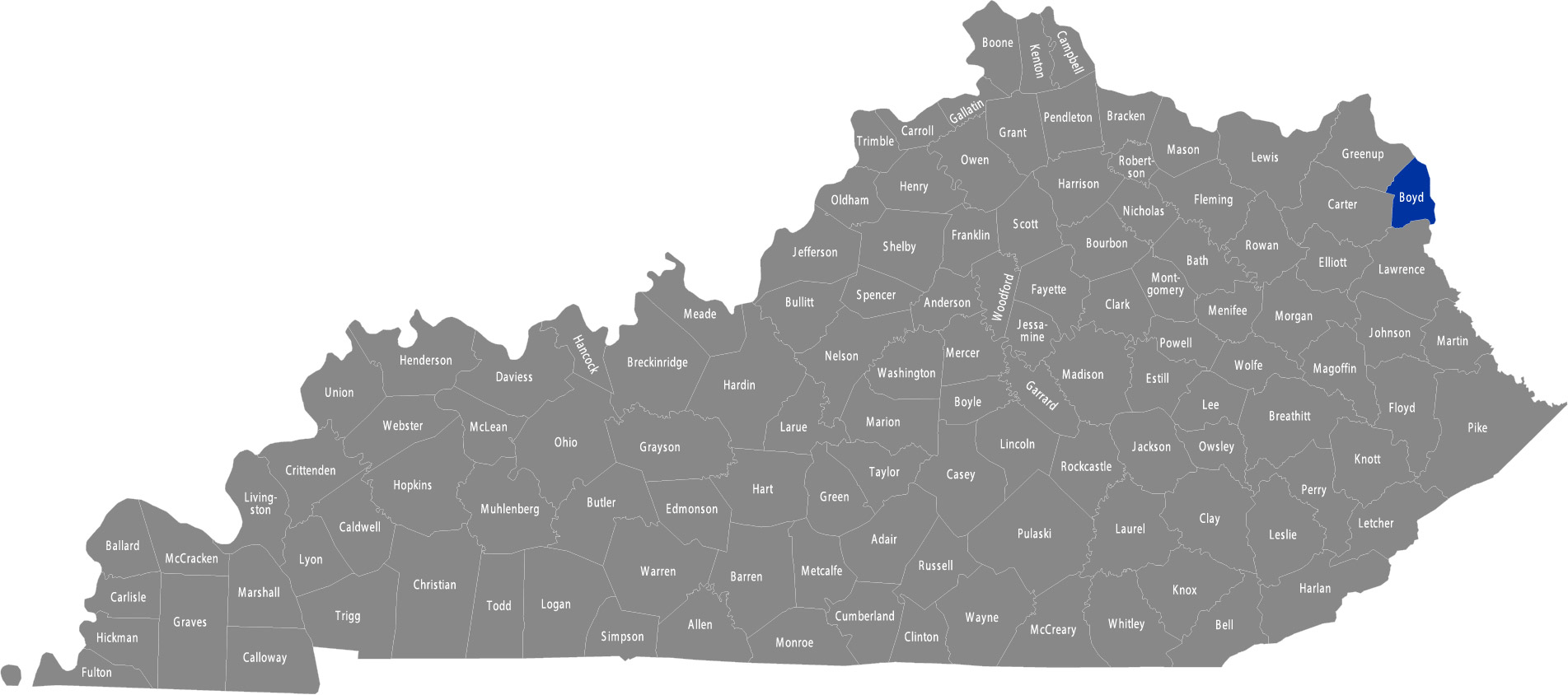 State of Kentucky map with Boyd County highlighted 